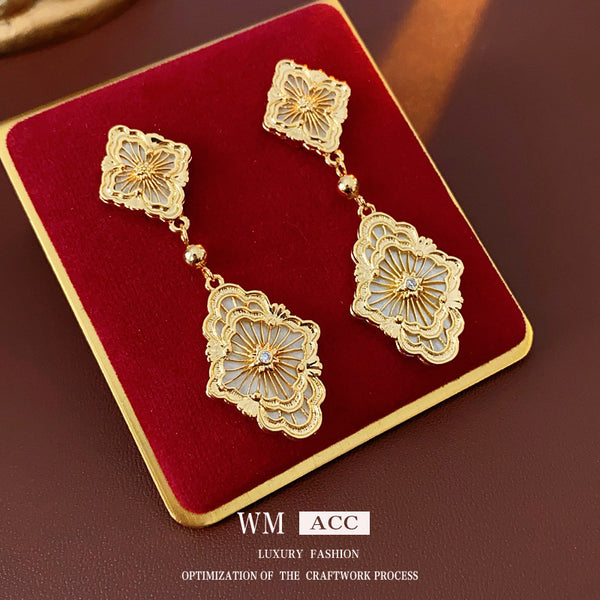 Luxurious Flower Rhombus Geometric Flower Copper Zircon Inlay Earrings