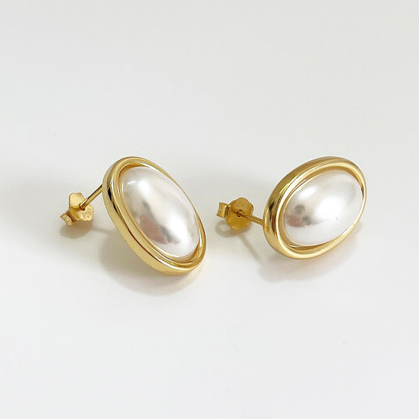 Korean Ellipse Droplet Silver Pearl Inlay Stud Earrings