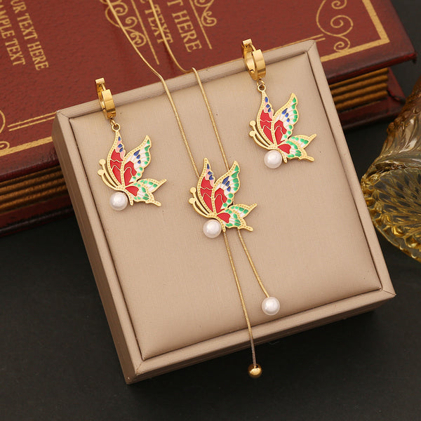 Vintage Retro Butterfly Insect Stainless Steel Oil Dripping Necklaces