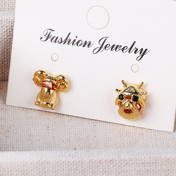 Moderate Luxury Antler Irregular Conical Cartoon Chinese Zodiac Animal Copper Diamond Inlay Stud Earrings