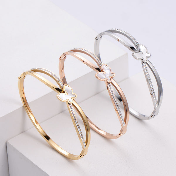 Women Korean Metal Diamond Bowknot Titanium Steel Electroplating Bangles