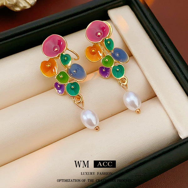 Luxurious Flower Geometric Artificial Pearl Oil Dripping Earrings