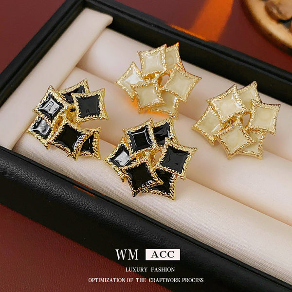 French Vintage Quadrilateral Geometric Alloy Oil Dripping Earrings