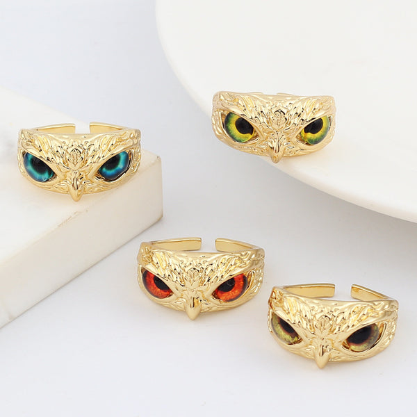 Vintage Retro Unisex Eye Metal Animal Owl Resin Oil Dripping Rings