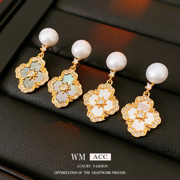 Luxurious Flower Star Flower Geometric Artificial Pearl Zircon Inlay Earrings