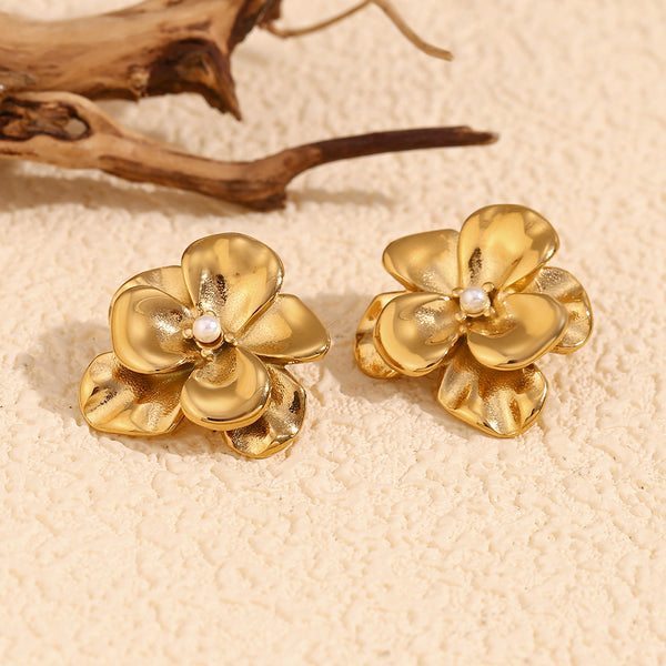 Fashion Petal Flower Stainless Steel Electroplating Stud Earrings