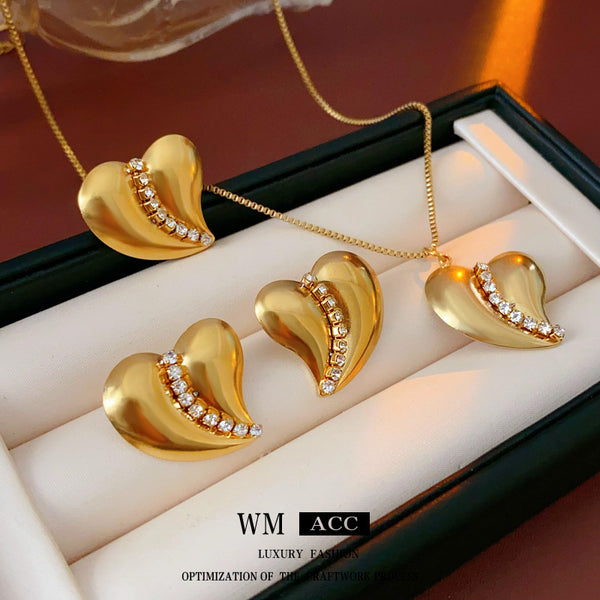 Women Luxurious Droplet Bell Heart Titanium Steel Diamond Inlay Jewelry Sets