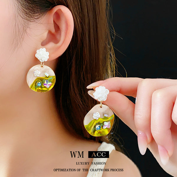 Expressive Flower Geometric Flower Artificial Crystal Oil Dripping Earrings