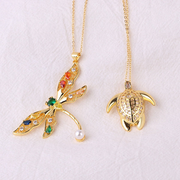 Women Animal Dragonfly Chinese Zodiac Animal Zircon Diamond Inlay Necklaces