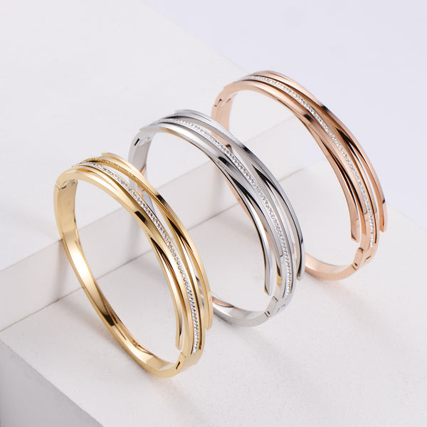 Women Korean Stripe Metal Diamond Checkered Stainless Steel Bangles