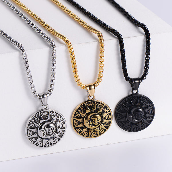 Retro Unisex Vintage Cross Star Moon Metal Retro Vintage Chain Sun Zodiac Sign Stainless Steel Oiling Pendants