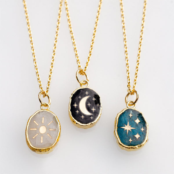 Vintage Retro Moon Sun Star Geometric Copper Engraving Necklaces