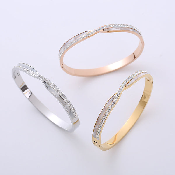 Moderate Luxury Shell Wave Stainless Steel Diamond Inlay Bangles