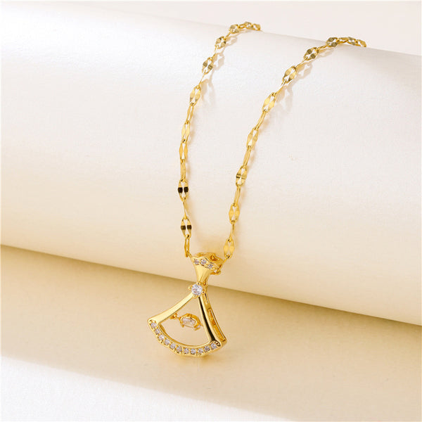 Women Fan-Shape Titanium Steel Diamond Inlay Necklaces