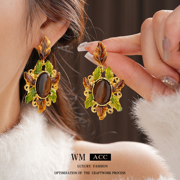 Medieval Flower Geometric Flower Leaf Alloy Oil Dripping Earrings