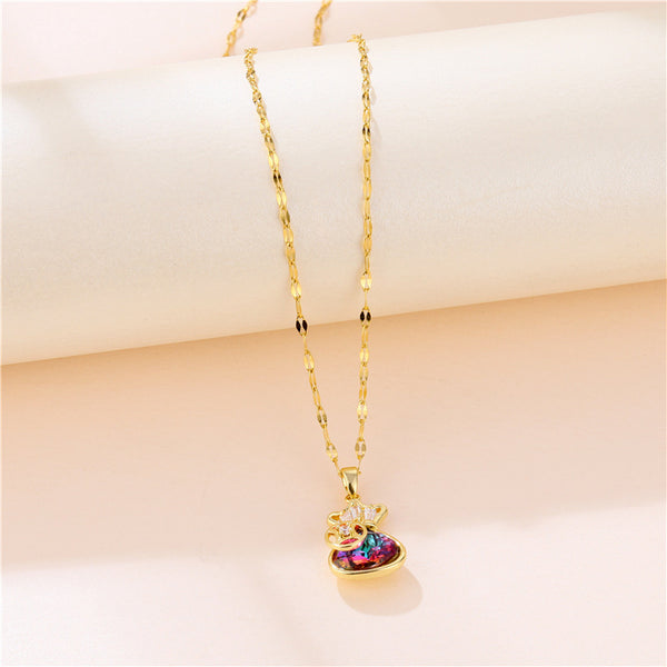 Korean Women Geometric Metal Titanium Steel Diamond Inlay Necklaces