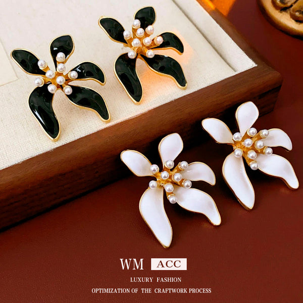 Luxurious Flower Geometric Flower Artificial Pearl Oil Dripping Earrings