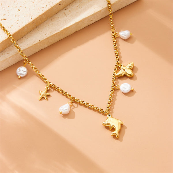 Fashion Dolphin Starfish Bee Animal Chinese Zodiac Stainless Steel Electroplating Necklaces