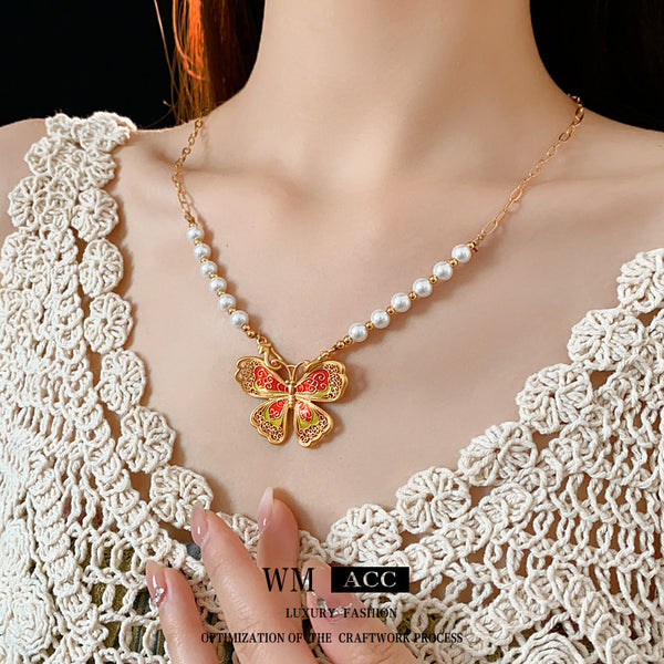 Modern Chinese Butterfly Chinese Zodiac Animal Artificial Pearl Oil Dripping Necklaces