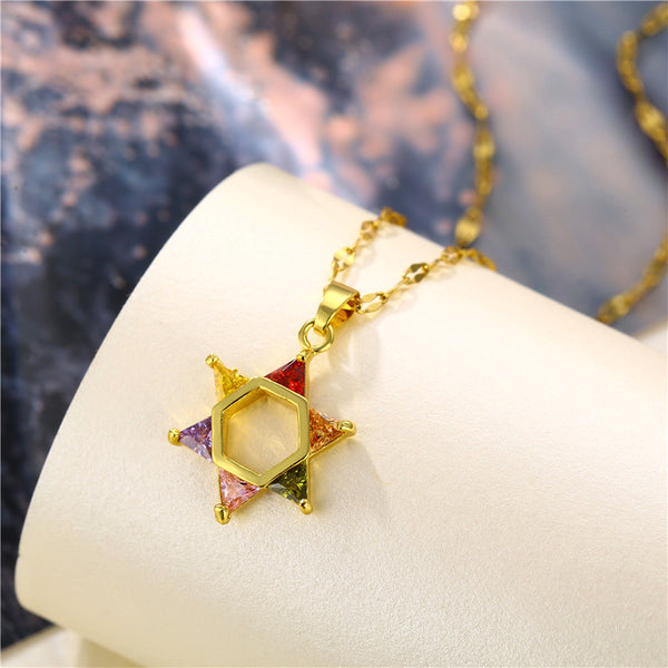 Korean Women Six-Pointed Star Titanium Steel Diamond Inlay Necklaces