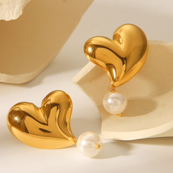 IG Style Pearl Heart Geometric Stainless Steel Electroplating Earrings