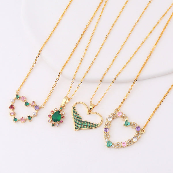 Women Diamond Metal Rainbow Heart Copper Necklaces