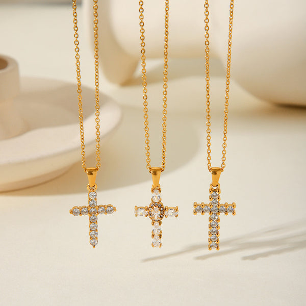 IG Style Cross Chain Geometric Stainless Steel Artificial Crystal Electroplating Necklaces