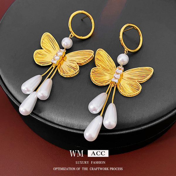 Luxurious Butterfly Droplet Geometric Chinese Zodiac Animal Artificial Pearl Electroplating Earrings