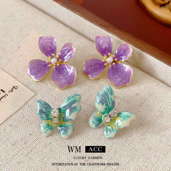 Minimalist Butterfly Chinese Zodiac Animal Alloy Oil Dripping Stud Earrings