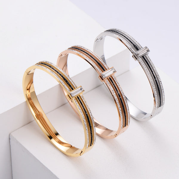 Women Stripe Metal Diamond Titanium Steel Bangles