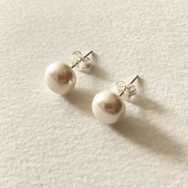 925 Sterling Silver Cute Pearl Droplet Silver Pearl Inlay Stud Earrings