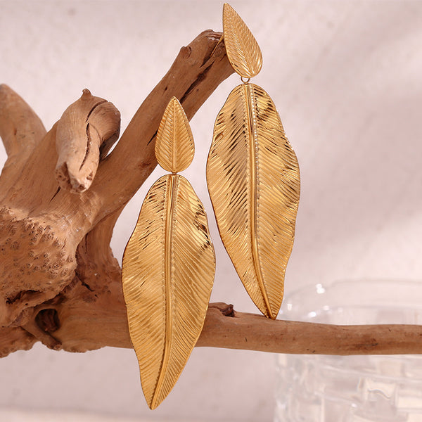 Fashion Leaf Geometric Stainless Steel 18K Gold Plated Drop Earrings