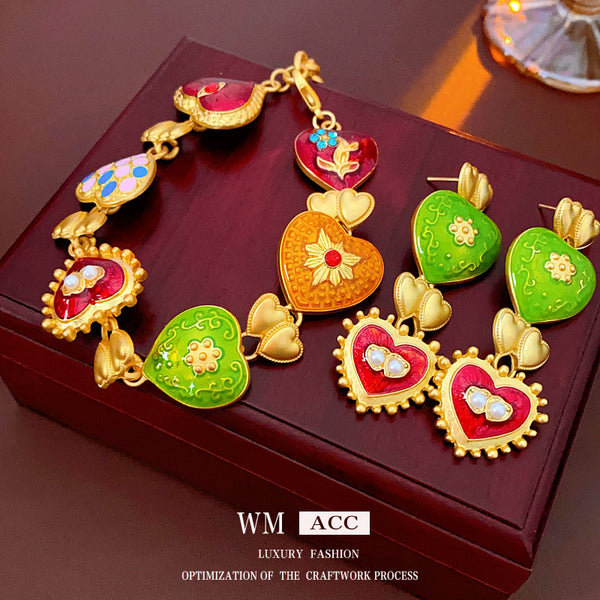 Women Luxurious Droplet Bell Heart Flower Alloy Oil Dripping Jewelry Sets