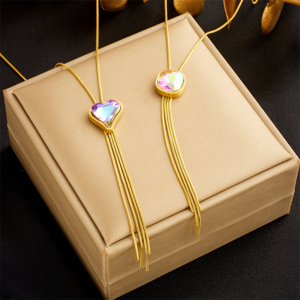 Fashion Square Heart Tassel Geometric Titanium Steel Electroplating Necklaces