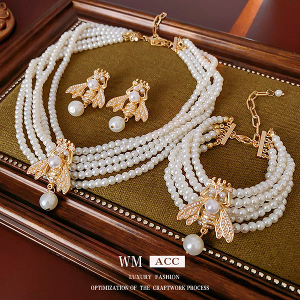 Women Luxurious Biggy Bear Bee Animal Artificial Pearl Electroplating Jewelry Sets