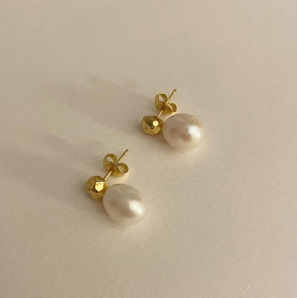 925 Sterling Silver Natural Pearl Droplet Silver Pearl Inlay Stud Earrings