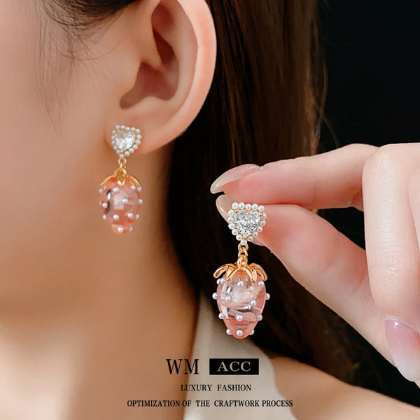 Luxurious Strawberry Fruit Heart Artificial Pearl Zircon Inlay Earrings