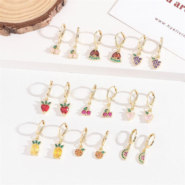 Expressive Apple Lemon Peach Cherry Grape Strawberry Pineapple Fruit Zircon Drop Earrings