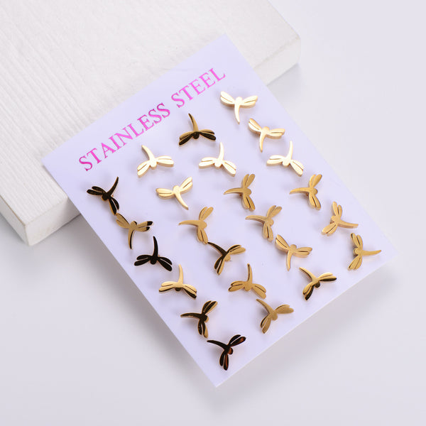 Women Minimalist Geometric Metal Butterfly Chinese Zodiac Animal Stainless Steel Stud Earrings