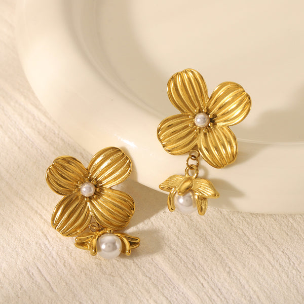 IG Style Pattern Pearl Flower Geometric Stainless Steel Electroplating Earrings