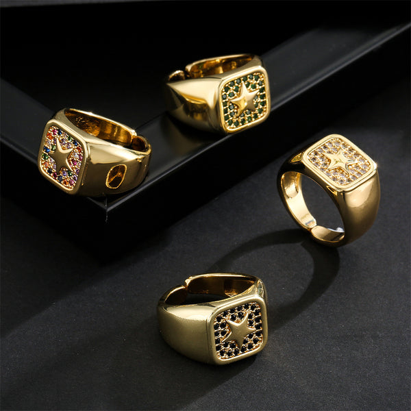 IG Style Women Quadrilateral Geometric Copper Inlay Rings