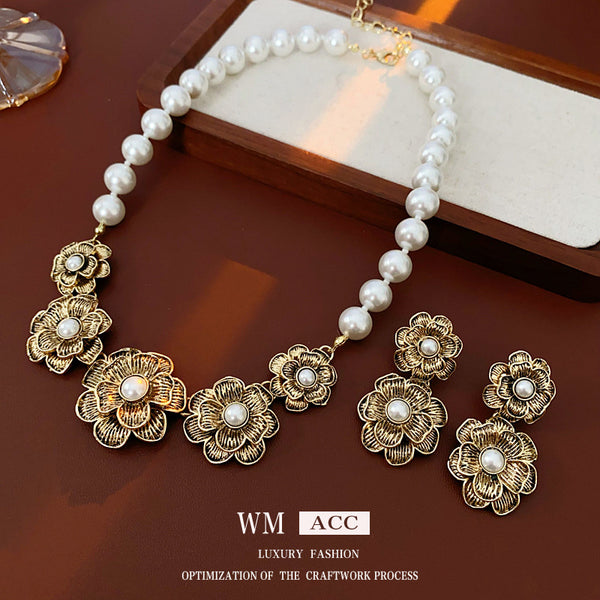 Women Luxurious Flower Plant Artificial Pearl Electroplating Jewelry Sets