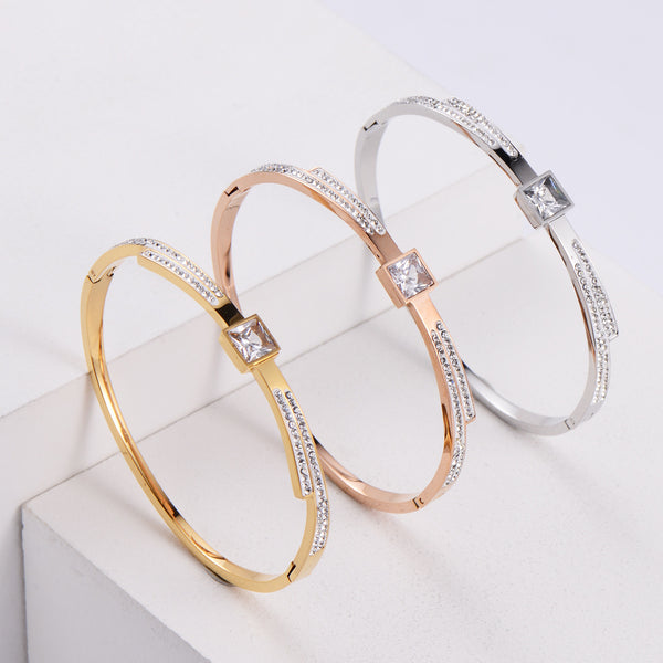 Women Metal Diamond Flower Stainless Steel Bangles