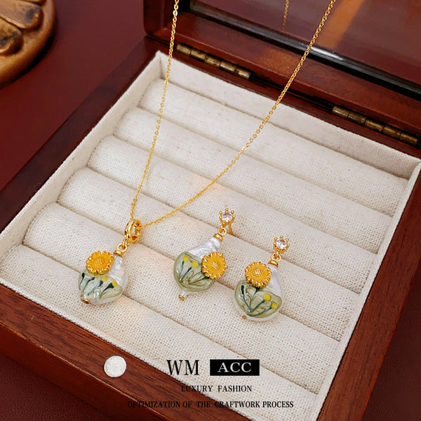 Women Luxurious Flower Plant Pearl Oil Dripping Jewelry Sets