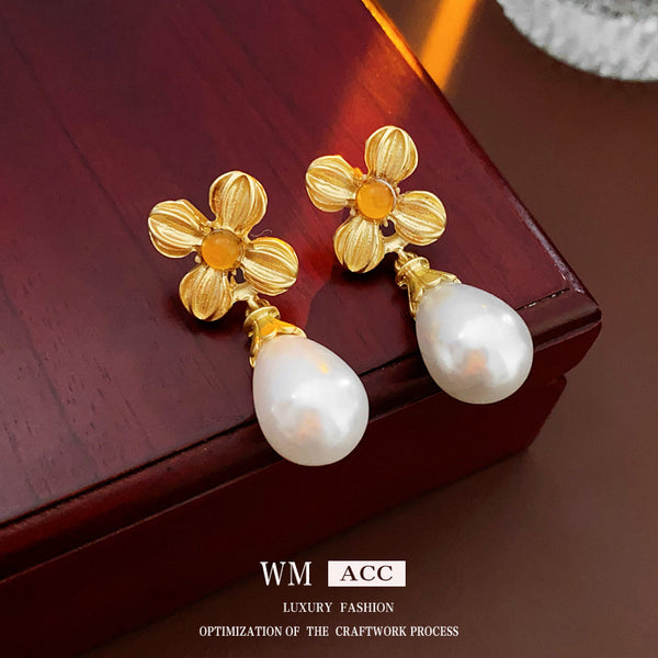 Luxurious Flower Droplet Geometric Flower Artificial Pearl Electroplating Earrings