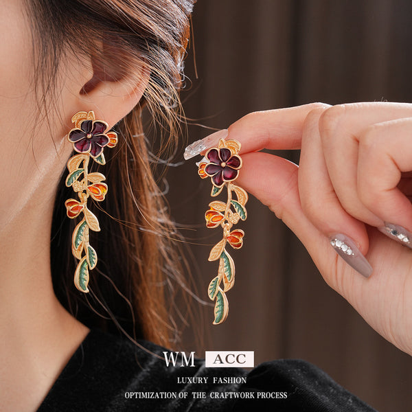 Medieval Flower Leaf Geometric Alloy Oil Dripping Earrings