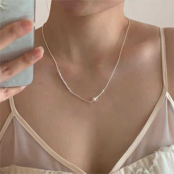 925 Sterling Silver Korean Pearl Geometric Silver Electroplating Necklaces