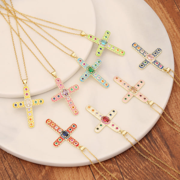 Women Retro Vintage Cross Copper Oil Dripping Pendants