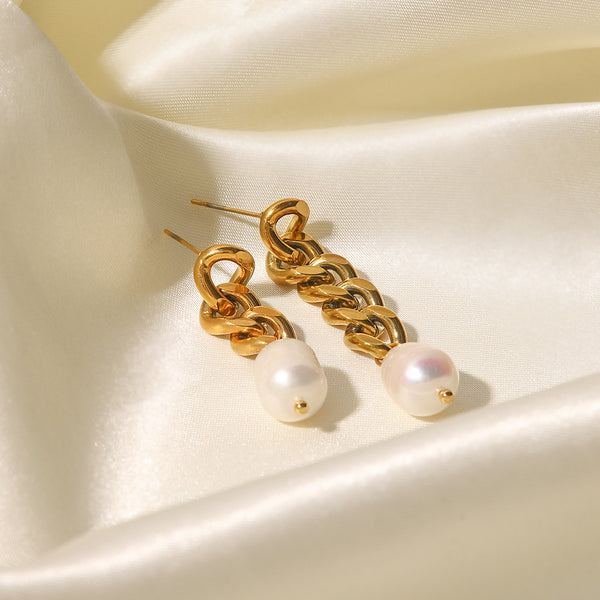 IG Style Chain Irregular Geometric Pearl 18K Gold Plated Earrings