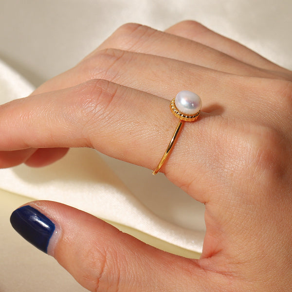 Women IG Style Pearl Geometric Stainless Steel 18K Gold Plated Rings